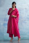 Shop_Charkhee_Fuchsia Kurta- Linen Woven Notched Palazzo Set _Online_at_Aza_Fashions