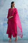 Charkhee_Fuchsia Kurta- Linen Woven Notched Palazzo Set _at_Aza_Fashions