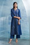 Shop_Charkhee_Blue Kurta- Linen Woven Notched Set With Dupatta _Online_at_Aza_Fashions