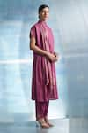 Charkhee_Pink Kurta- Linen Woven Stripe Closed Neck Scarf And Pant Set _Online_at_Aza_Fashions