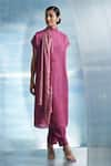 Buy_Charkhee_Pink Kurta- Linen Woven Stripe Closed Neck Scarf And Pant Set _Online_at_Aza_Fashions