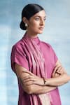 Shop_Charkhee_Pink Kurta- Linen Woven Stripe Closed Neck Scarf And Pant Set _Online_at_Aza_Fashions