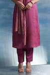 Charkhee_Pink Kurta- Linen Woven Stripe Closed Neck Scarf And Pant Set _at_Aza_Fashions