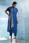 Buy_Charkhee_Blue Kurta- Linen Woven Stripe Closed Neckline Scarf And Pant Set _at_Aza_Fashions