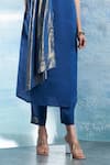 Charkhee_Blue Kurta- Linen Woven Stripe Closed Neckline Scarf And Pant Set _Online_at_Aza_Fashions