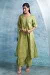 Buy_Charkhee_Green Kurta- Linen Woven Stripe Notched Set _at_Aza_Fashions