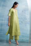 Buy_Charkhee_Green Kurta- Linen Woven Stripe Notched Set _Online_at_Aza_Fashions