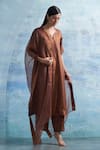 Buy_Charkhee_Brown Kurta- Linen Woven Stripe Notched Set _at_Aza_Fashions