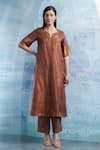 Shop_Charkhee_Brown Kurta- Linen Woven Stripe Notched Set _Online_at_Aza_Fashions