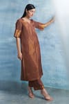 Buy_Charkhee_Brown Kurta- Linen Woven Stripe Notched Set 