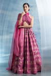 Buy_Charkhee_Pink Blouse- Linen Woven Stripe Halter Neck Lehenga Set _at_Aza_Fashions