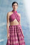 Shop_Charkhee_Pink Blouse- Linen Woven Stripe Halter Neck Lehenga Set _Online_at_Aza_Fashions