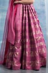 Shop_Charkhee_Pink Blouse- Linen Woven Stripe Halter Neck Lehenga Set 