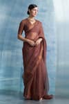 Buy_Charkhee_Brown Saree- Organza And Cotton Shimmer Woven Stripe V Border With Blouse _at_Aza_Fashions