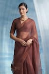 Buy_Charkhee_Brown Saree- Organza And Cotton Shimmer Woven Stripe V Border With Blouse _Online_at_Aza_Fashions