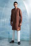 Shop_Charkhee_Brown Kurta Linen Solid Overlap Panel With Pant _Online_at_Aza_Fashions