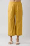 Naintara Bajaj Yellow Cotton Open Neck Solid Top And Pleated Hem Pant Co-ord Set at Aza Fashions Naintara Bajaj_Yellow Cotton Open Neck Solid Top And Pleated Hem Pant Co-ord Set _at_Aza_Fashions