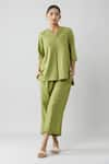 Buy_Samyukta Singhania_Green Cotton Slub Solid Notched Front Pleated Top And Pant Co-ord Set _Online_at_Aza_Fashions