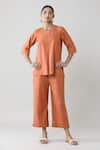 Buy_Samyukta Singhania_Peach Cotton Slub Solid Notched Pleated Top And Pant Co-ord Set _at_Aza_Fashions