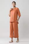 Buy_Samyukta Singhania_Peach Cotton Slub Solid Notched Front Pleated Top And Pant Co-ord Set _Online_at_Aza_Fashions