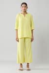 Samyukta Singhania_Yellow Pure Cotton Solid Notched Pintucked Top And Pant Co-ord Set _Online_at_Aza_Fashions