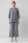 Samyukta Singhania_Grey Pure Cotton Solid Notched Pintucked Top And Pant Co-ord Set _Online_at_Aza_Fashions