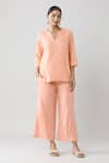 Buy_Samyukta Singhania_Peach Pure Cotton Solid Notched Pintucked Top And Pant Co-ord Set _at_Aza_Fashions