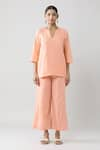 Samyukta Singhania_Peach Pure Cotton Solid Notched Pintucked Top And Pant Co-ord Set _Online_at_Aza_Fashions