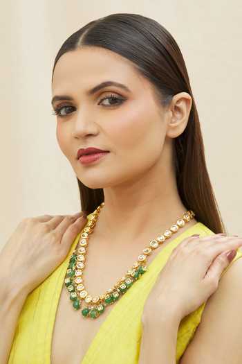 Just Shradhas_Gold Plated Circular And Drop Embellished Necklace _Online_at_Aza_Fashions