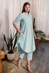 Merakus_Blue Cotton Plain Collared Curved Hem Tunic And Pant Set  _Online_at_Aza_Fashions