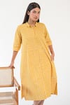 Merakus_Yellow Cotton Printed Stripe Shirt Collar Contrast Dress  _Online_at_Aza_Fashions