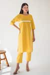 Merakus_Yellow Cotton Stripe Round Contrast Applique Kurta Pant Set  _Online_at_Aza_Fashions