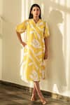 Buy_Merakus_Yellow Cotton Printed Floral V-neck Contrast Dress _Online_at_Aza_Fashions