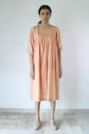 Shop_Merakus_Peach Cotton Plain Round Neck Pleated Yoke Dress  _Online_at_Aza_Fashions