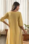 Shop_Merakus_Yellow Cotton Placement Stripe Round Neck Side Gathered Dress _at_Aza_Fashions