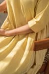 Shop_Merakus_Yellow Cotton Placement Stripe Round Neck Side Gathered Dress _Online_at_Aza_Fashions
