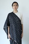 Merakus_Black Cotton Chequered Zari Pattern Saree _Online_at_Aza_Fashions