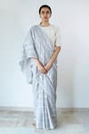 Buy_Merakus_Grey Cotton Stripe Zari Round Neck Vertical Pattern Saree With Blouse  _Online_at_Aza_Fashions