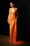 Buy_Deme by Gabriella_Orange Malai Lycra Solid Plunge V Neck Draped Trail Gown _at_Aza_Fashions