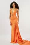 Buy_Deme by Gabriella_Orange Malai Lycra Solid Plunge V Neck Draped Trail Gown _Online_at_Aza_Fashions