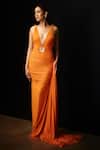 Shop_Deme by Gabriella_Orange Malai Lycra Solid Plunge V Neck Draped Trail Gown _Online_at_Aza_Fashions