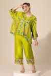 Buy_Sakshi Girri_Green Dupion Silk Printed Botanical Kaftan V Neck Short And Pant Set  _at_Aza_Fashions