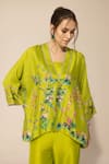 Sakshi Girri_Green Dupion Silk Printed Botanical Kaftan V Neck Short And Pant Set  _Online_at_Aza_Fashions