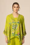 Sakshi Girri_Green Dupion Silk Printed Botanical Kaftan V Neck Short And Pant Set  _at_Aza_Fashions