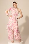 Buy_Sakshi Girri_Ivory Crepe Printed Botanical One Shoulder Tunic And Pant Set  _at_Aza_Fashions