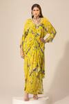 Buy_Sakshi Girri_Yellow Crepe Printed Botanical V Neck Pattern Kaftan And Pant Set _at_Aza_Fashions