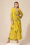 Sakshi Girri_Yellow Crepe Printed Botanical V Neck Pattern Kaftan And Pant Set  _at_Aza_Fashions