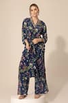 Buy_Sakshi Girri_Blue Crepe Printed Botanical V Neck Kaftan And Pant Set  _at_Aza_Fashions