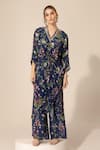 Sakshi Girri_Blue Crepe Printed Botanical V Neck Kaftan And Pant Set  _at_Aza_Fashions