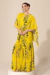 Sakshi Girri_Yellow Crepe Printed Botanical Round Pattern Cape And Sharara Set  _at_Aza_Fashions